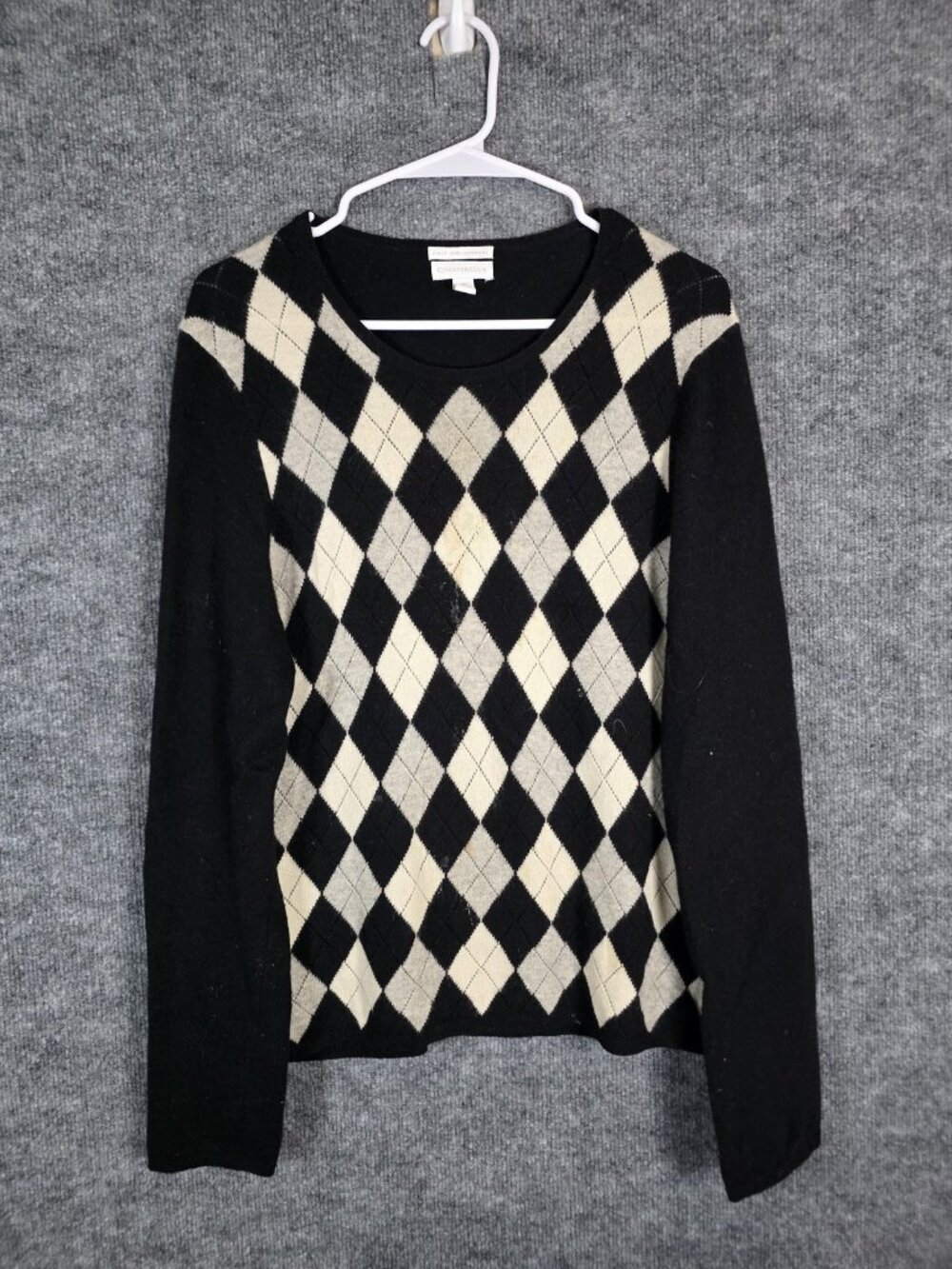 Charter Club Sweater Womens XL Black Argyle Cashmere Pullover Stains Pilling